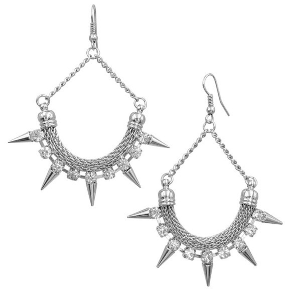 Spike Scoop Rhinestone Silver Dangle Earrings